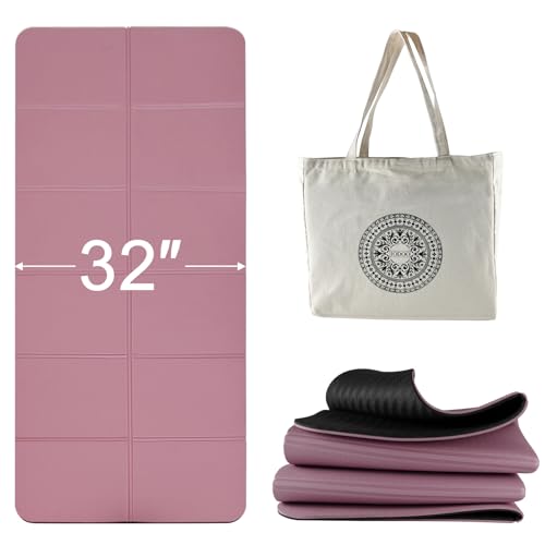iodoo Foldable Yoga Mat 72" L x 32" W x 0.32 Inch Extra Thicked and Wided, Folding Yoga Mat for Travel with Canvas Carrying Bag, Non-Slip TPE Exercise Pilates Mat (Black-Pink) - Image 1