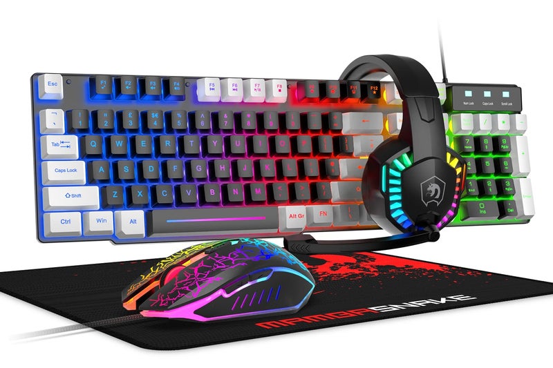 MANBASNAKE Wired Rainbow LED Backlit Keyboard and Mouse, Over Ear Headphone with Mic, Gaming Mice and Pad, for PC, Xbox and PS4 (Black/White) - Image 1