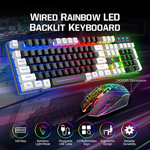MANBASNAKE Wired Rainbow LED Backlit Keyboard and Mouse, Over Ear Headphone with Mic, Gaming Mice and Pad, for PC, Xbox and PS4 (Black/White) - Image 2