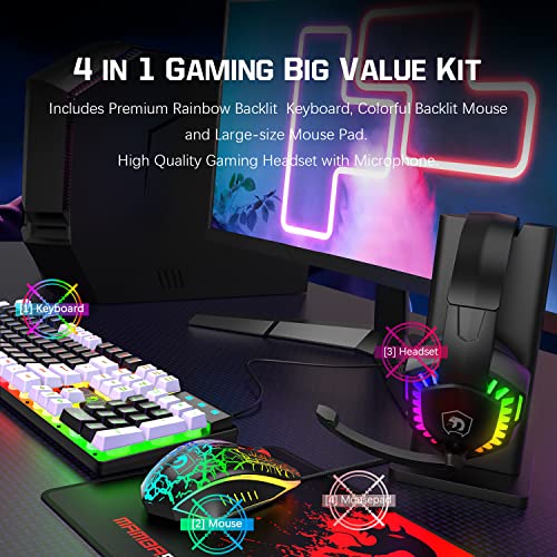 MANBASNAKE Wired Rainbow LED Backlit Keyboard and Mouse, Over Ear Headphone with Mic, Gaming Mice and Pad, for PC, Xbox and PS4 (Black/White) - Image 3