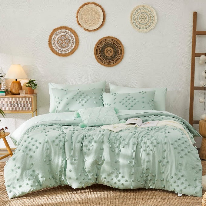 SAGE GREEN TWINTWIN XL COMFORTER SET FOR GIRLS 5 PIECES POM TUFTED BED IN A BAG TWIN BEDDING SETS WITH SHEETS PILLOWCASES SHAMS ALL SEASON KIDS COMFORTER SET