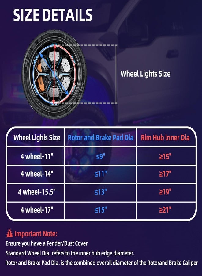 مجموعة مصابيح Tavaray المكونة من 4 قطع، مقاس 14 بوصة، ثنائية الجوانب، بإضاءة RGB LED دائرية للعجلات، مع تطبيق وجهاز تحكم عن بعد، وأكثر من 178 وضعًا ديناميكيًا قابلاً للتخصيص، مع وظائف إشارة الانعطاف والفرامل والرجوع للخلف، مناسبة للشاحنات والسيارات الصغيرة والطرق الوعرة. - Image 5