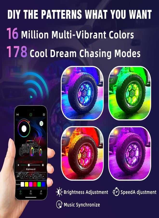 مجموعة مصابيح Tavaray المكونة من 4 قطع، مقاس 14 بوصة، ثنائية الجوانب، بإضاءة RGB LED دائرية للعجلات، مع تطبيق وجهاز تحكم عن بعد، وأكثر من 178 وضعًا ديناميكيًا قابلاً للتخصيص، مع وظائف إشارة الانعطاف والفرامل والرجوع للخلف، مناسبة للشاحنات والسيارات الصغيرة والطرق الوعرة. - Image 2