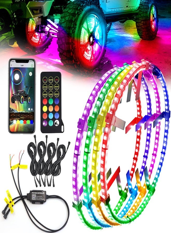 مجموعة مصابيح Tavaray المكونة من 4 قطع، مقاس 14 بوصة، ثنائية الجوانب، بإضاءة RGB LED دائرية للعجلات، مع تطبيق وجهاز تحكم عن بعد، وأكثر من 178 وضعًا ديناميكيًا قابلاً للتخصيص، مع وظائف إشارة الانعطاف والفرامل والرجوع للخلف، مناسبة للشاحنات والسيارات الصغيرة والطرق الوعرة. - Image 1