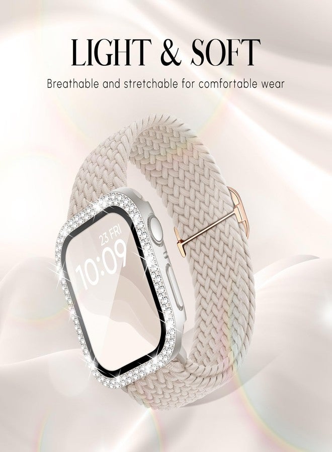 Knossen Braided Stretchy Band Compatible for Apple Watch Bands for Women and Case 40mm 41mm 42mm 44mm 45mm 46mm, Solace Solo Loop Bling Diamond Screen Protector Cover for iWatch Series 10 9 8 7 SE 6 5 4 - Image 2