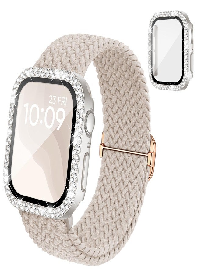 Knossen Braided Stretchy Band Compatible for Apple Watch Bands for Women and Case 40mm 41mm 42mm 44mm 45mm 46mm, Solace Solo Loop Bling Diamond Screen Protector Cover for iWatch Series 10 9 8 7 SE 6 5 4 - Image 1