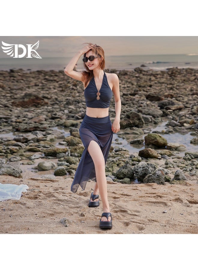 Dk Women's New High-end Two-piece Swimsuit With Long Skirt, High-waisted Bikini, Hot Spring Vacation Three-piece Set Swimwear - Image 3