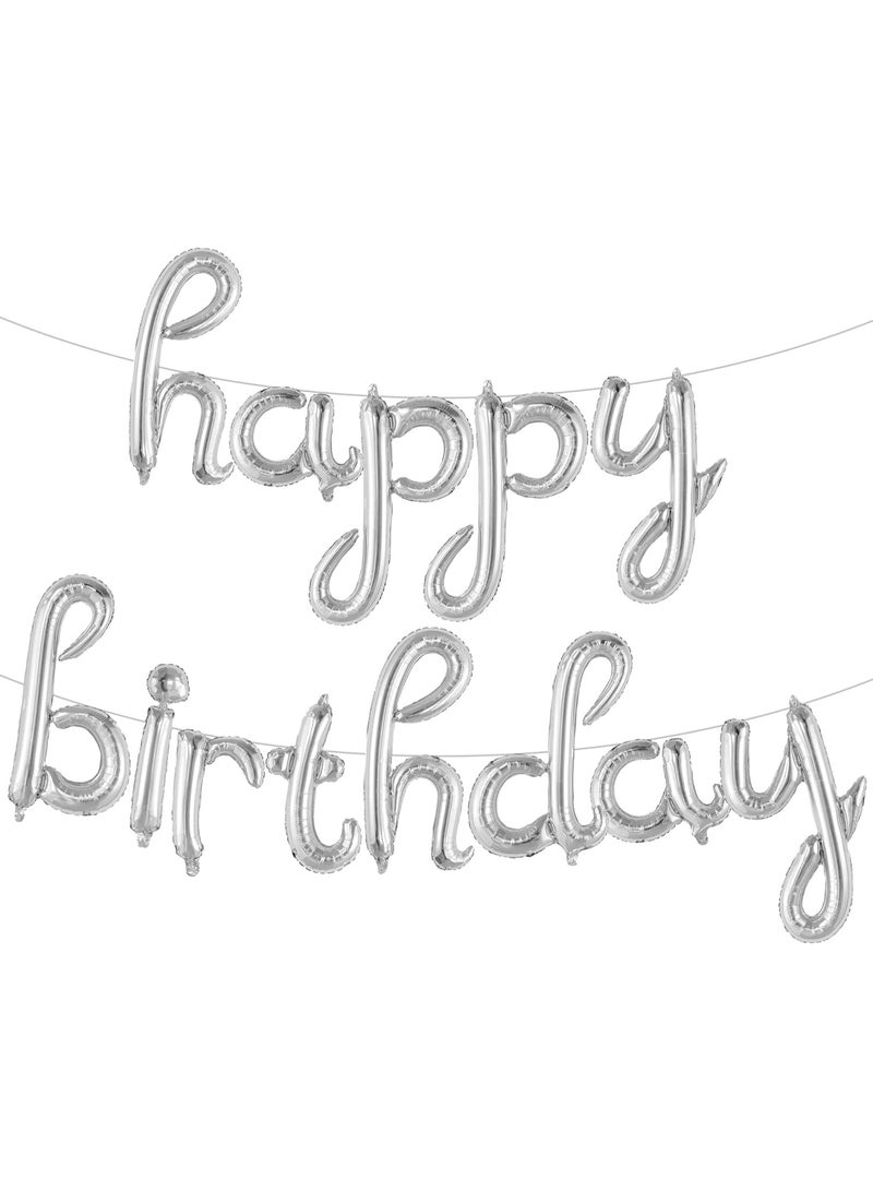 Silver Balloon Banner - 16 Inch | Happy Birthday Cursive Sign, Banner, Decorations, Balloons, Party Décor - Image 1