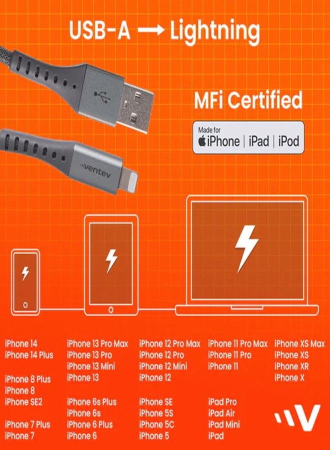 Ventev ChargeSync Alloy Apple Lightning Cable | Universally Compatible with iPhone Devices, Fast Charging, Tangle-Resistant Cord, Mfi Certified, No-Fray Durability | 4Ft Steel Gray (509320) - Image 3