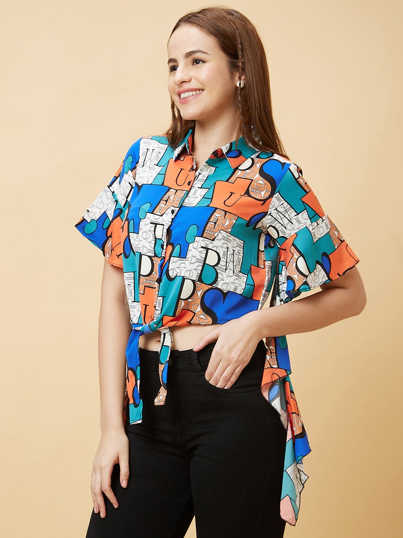 globus Globus Women Blue Abstract Printed Waist Tie-Ups Shirt Style Top  - Image 3
