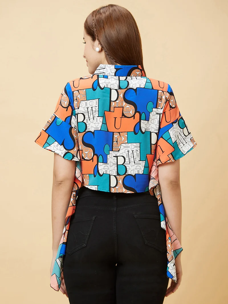 globus Globus Women Blue Abstract Printed Waist Tie-Ups Shirt Style Top
