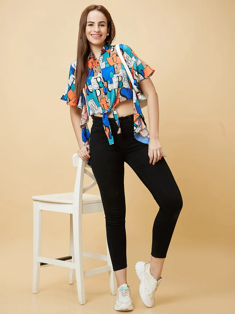 globus Globus Women Blue Abstract Printed Waist Tie-Ups Shirt Style Top