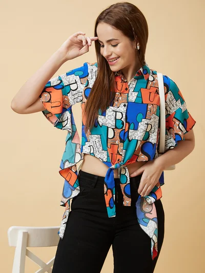 globus Globus Women Blue Abstract Printed Waist Tie-Ups Shirt Style Top
