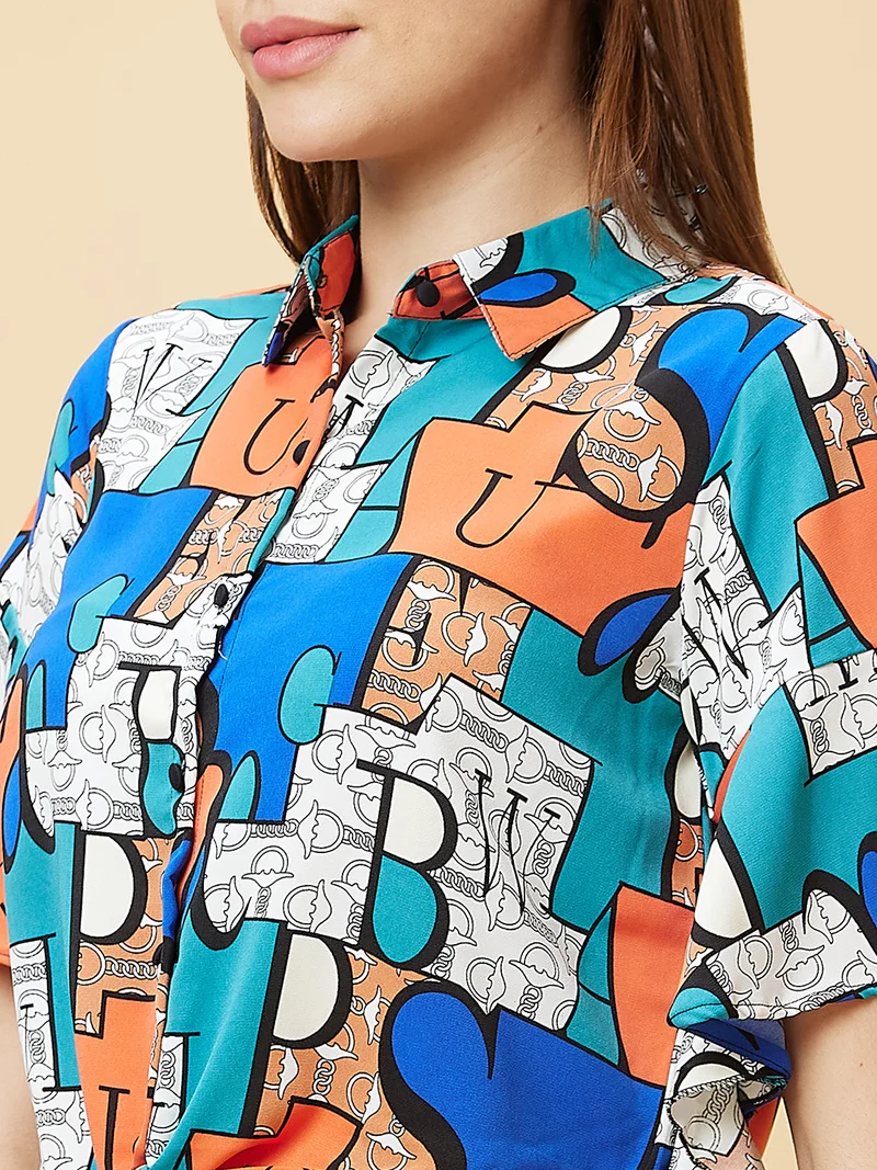 globus Globus Women Blue Abstract Printed Waist Tie-Ups Shirt Style Top