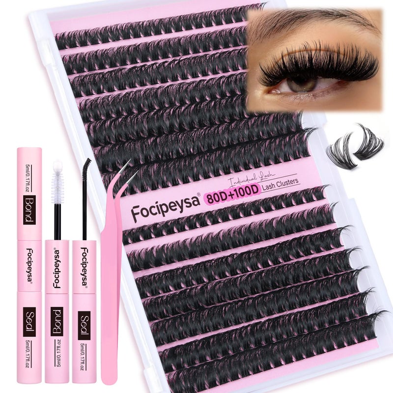 Focipeysa DIY Eyelash Extension Kit Lash Extension Kit D Curl Lash Clusters Kit Individual Eyelashes with Lash Bond and Lash Seal, Tweezers, DIY Lashes at Home (280Pcs 80D+100D 8-16mm) - Image 1
