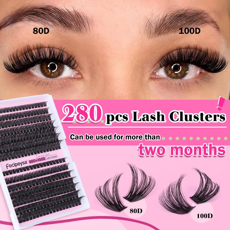 Focipeysa DIY Eyelash Extension Kit Lash Extension Kit D Curl Lash Clusters Kit Individual Eyelashes with Lash Bond and Lash Seal, Tweezers, DIY Lashes at Home (280Pcs 80D+100D 8-16mm) - Image 3