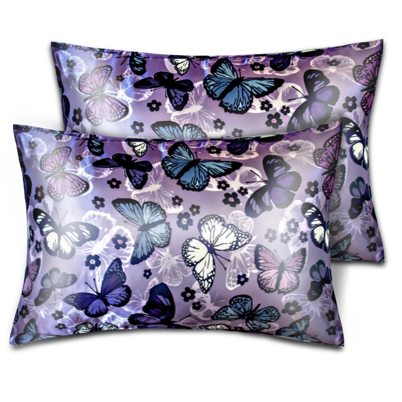 URLINENS Silk Satin Pillowcase for Hair and Skin Soft Satin Pillow Cases Standard Size Pack of 2  Wrinkle  Fade-Resistant with Envelope Closure (20x26  Purple  Butterflies & Flower) - Image 1
