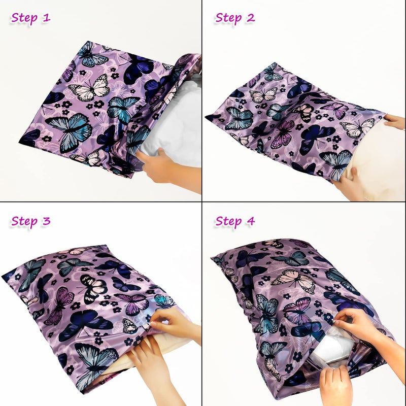 URLINENS Silk Satin Pillowcase for Hair and Skin Soft Satin Pillow Cases Standard Size Pack of 2  Wrinkle  Fade-Resistant with Envelope Closure (20x26  Purple  Butterflies & Flower) - Image 5