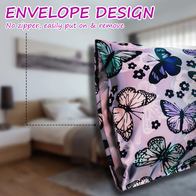 URLINENS Silk Satin Pillowcase for Hair and Skin Soft Satin Pillow Cases Standard Size Pack of 2  Wrinkle  Fade-Resistant with Envelope Closure (20x26  Purple  Butterflies & Flower) - Image 4