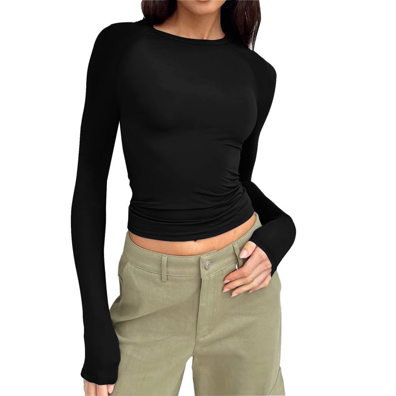 Women'S Casual Comfortable Round Neck Raglan Long-Sleeved T-Shirt Solid Color Tight Pullover Base Shirt Top - Image 5