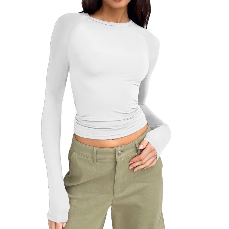 Women'S Casual Comfortable Round Neck Raglan Long-Sleeved T-Shirt Solid Color Tight Pullover Base Shirt Top - Image 4