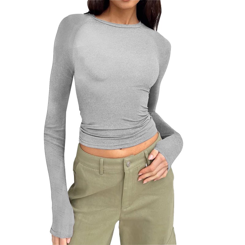 Women'S Casual Comfortable Round Neck Raglan Long-Sleeved T-Shirt Solid Color Tight Pullover Base Shirt Top - Image 3