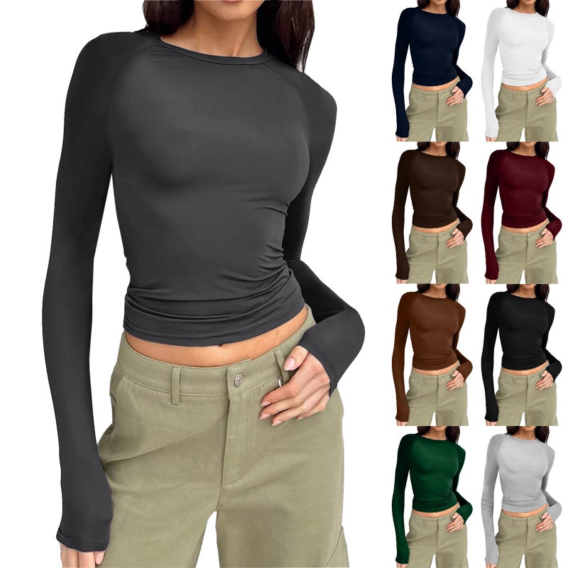 Women'S Casual Comfortable Round Neck Raglan Long-Sleeved T-Shirt Solid Color Tight Pullover Base Shirt Top - Image 2