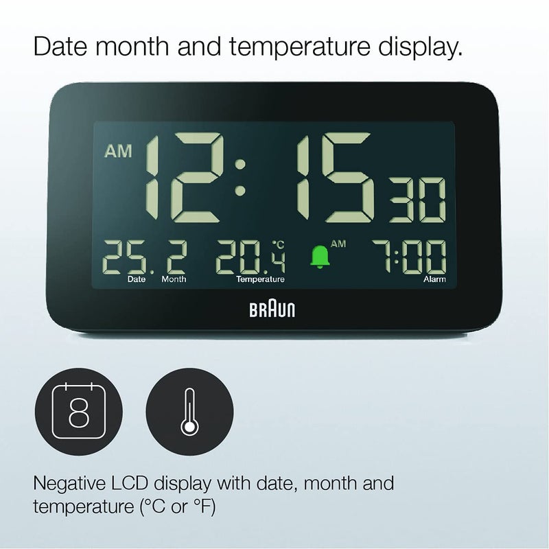 Braun Digital Alarm Clock with Date Month and Temperature Displayed Negative L - Image 3