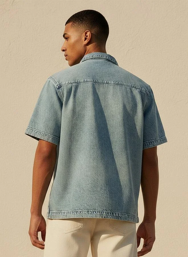 Lee Cooper  Lee Cooper Regular Fit Collared Panelled Denim Shirt for Men | Best Price UAE