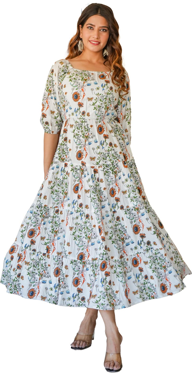 Yash Gallery Women's Rayon Floral Printed Tiered Style Dress (1488YKWHITE, XL, White) - Image 1