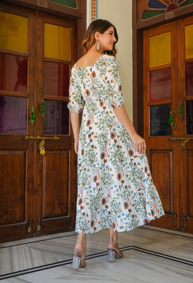 Yash Gallery Women's Rayon Floral Printed Tiered Style Dress (1488YKWHITE, XL, White) - Image 4