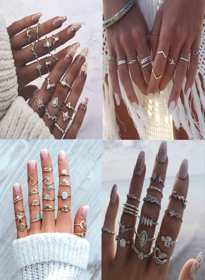 FUTIMELY 62-101Pcs Vintage Knuckle Rings Set Stackable Midi Rings for Women Bohemian Gold Silver Rings Crystal Joint Finger Rings Set(62Pcs) - Image 2