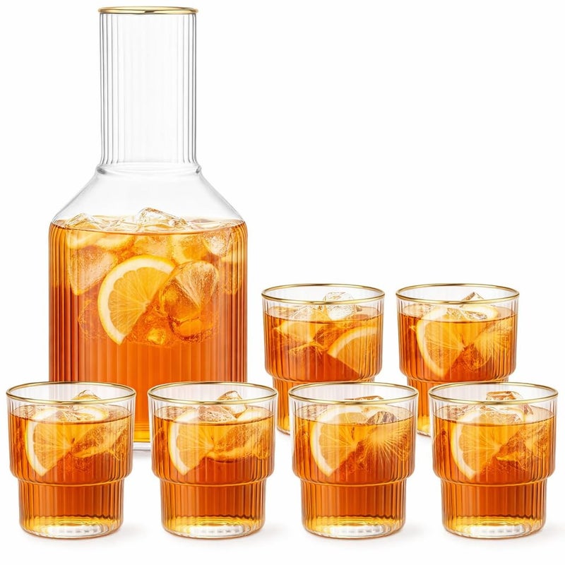 Elegant Ribbed Glass Pitcher Set with 6 Matching Glasses + Ribbed Bottle - 7-Piece Water Pitcher and Glass Set with Gold Rim - Stylish Drinkware for Juice, Water, Iced Tea, and Home Use