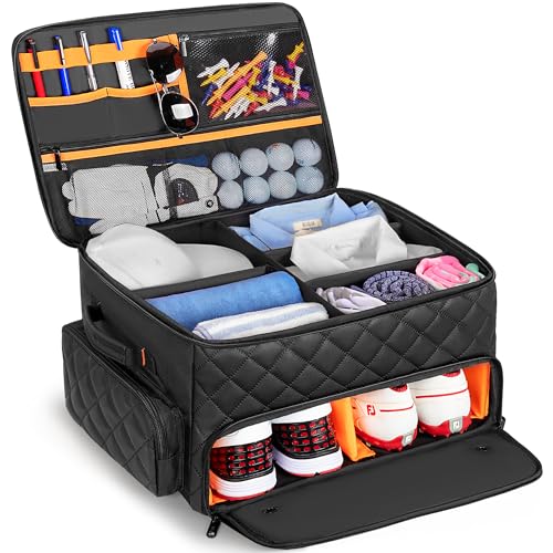 PGmoon 2 Layer Golf Trunk Organizer, Golf Car Storage Organizer with Individual Ventilated Compartment for 2 Pairs Shoes, Golf Car Locker for Balls, Clothes, Tees, Gloves, Accessories - Image 1