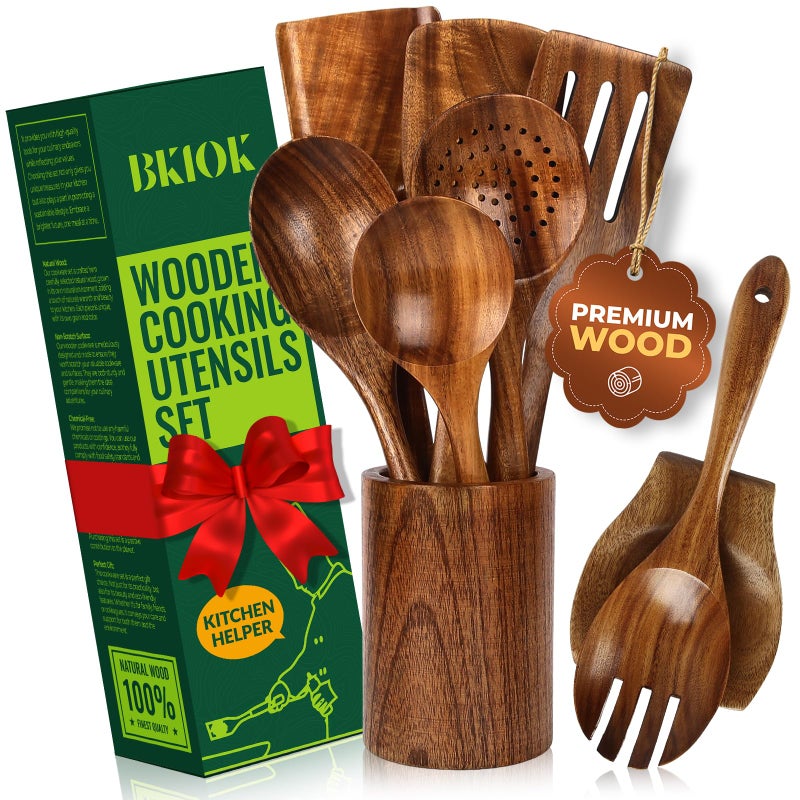 Bkiok Teak Wood Utensil Set, Wooden Utensils set for Kitchen Handmade Cooking Utensil Set with Spoon Rest and Utensils Holder (9Pcs) - Image 1