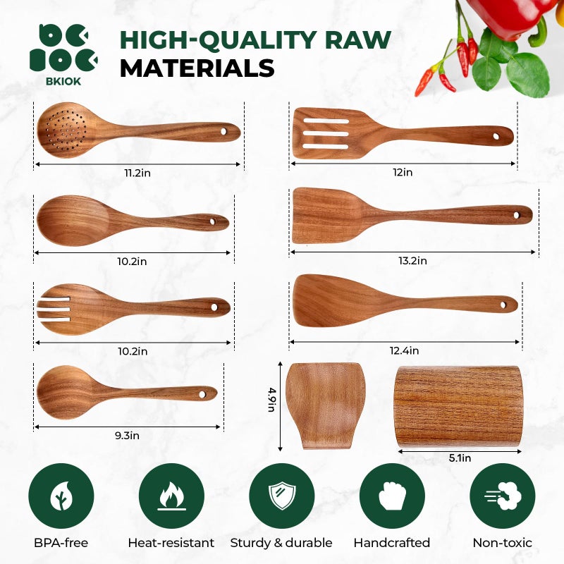 Bkiok Teak Wood Utensil Set, Wooden Utensils set for Kitchen Handmade Cooking Utensil Set with Spoon Rest and Utensils Holder (9Pcs) - Image 4
