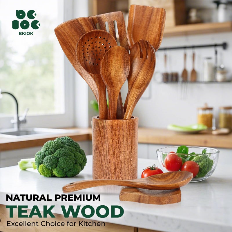 Bkiok Teak Wood Utensil Set, Wooden Utensils set for Kitchen Handmade Cooking Utensil Set with Spoon Rest and Utensils Holder (9Pcs) - Image 3