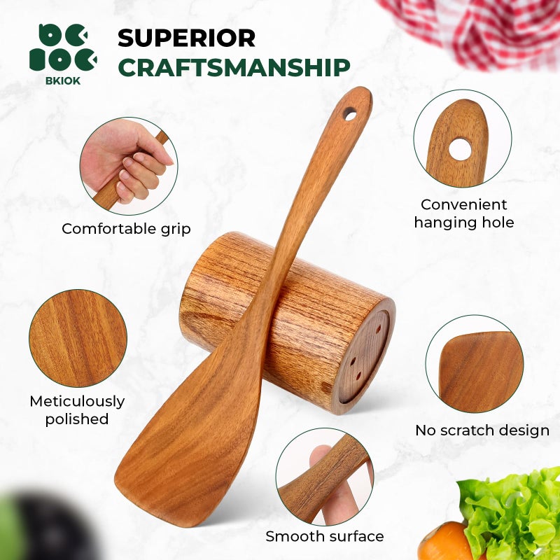 Bkiok Teak Wood Utensil Set, Wooden Utensils set for Kitchen Handmade Cooking Utensil Set with Spoon Rest and Utensils Holder (9Pcs) - Image 2