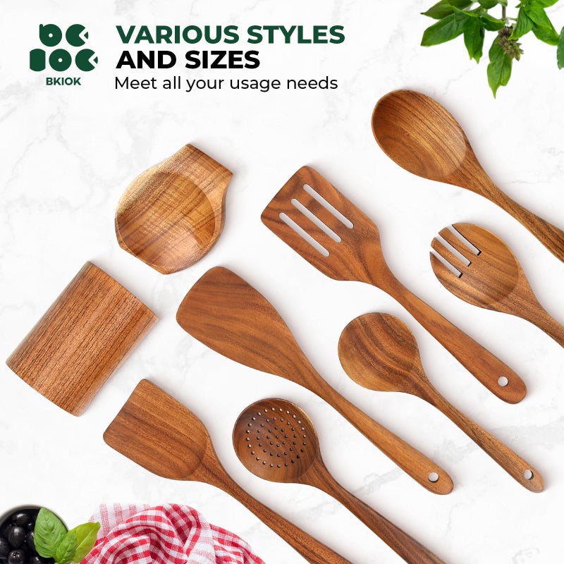 Bkiok Teak Wood Utensil Set, Wooden Utensils set for Kitchen Handmade Cooking Utensil Set with Spoon Rest and Utensils Holder (9Pcs) - Image 5