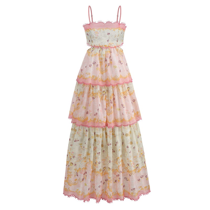 2024 French Style Floral Sling dress Womens Summer New Backless Strap Waisted Slim-fit Cake Long Dress Printed Printing