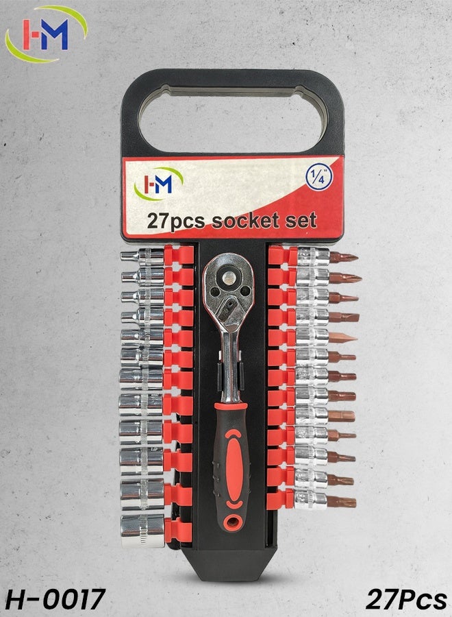 H-0017 I-M 27Pcs 1/4 inch Drive Ratchet Socket and Bit Set - Premium Chrome Vanadium CR-V Steel Multi-Purpose Hand Tool Kit for Home and Auto Repair - Metric 4mm-14mm Sockets, Phillips, Flat, Torx, Hex Bits. - Image 1
