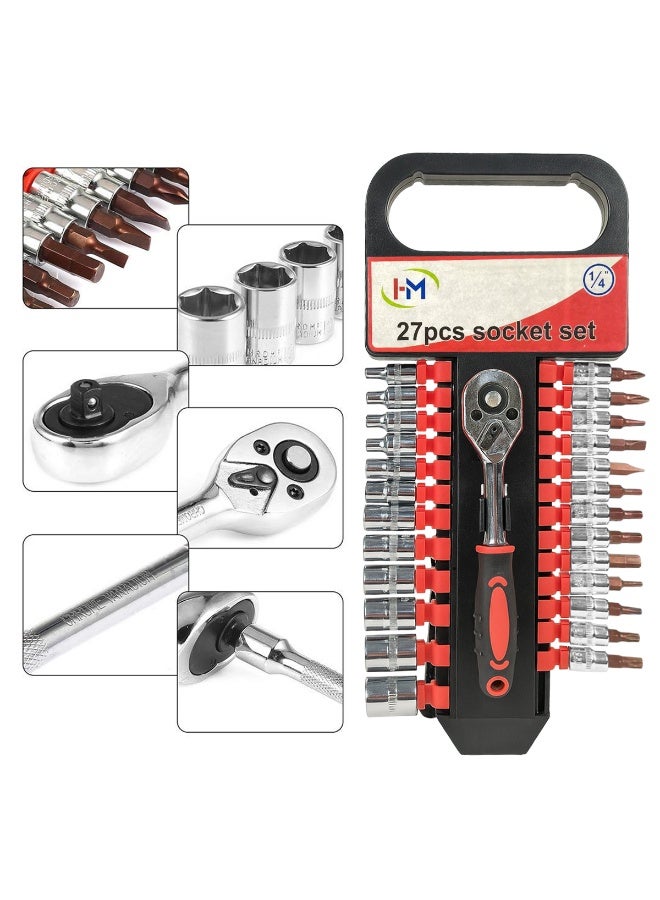 H-0017 I-M 27Pcs 1/4 inch Drive Ratchet Socket and Bit Set - Premium Chrome Vanadium CR-V Steel Multi-Purpose Hand Tool Kit for Home and Auto Repair - Metric 4mm-14mm Sockets, Phillips, Flat, Torx, Hex Bits. - Image 4