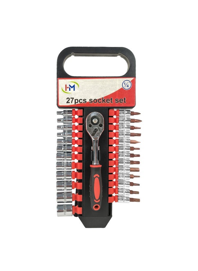 H-0017 I-M 27Pcs 1/4 inch Drive Ratchet Socket and Bit Set - Premium Chrome Vanadium CR-V Steel Multi-Purpose Hand Tool Kit for Home and Auto Repair - Metric 4mm-14mm Sockets, Phillips, Flat, Torx, Hex Bits. - Image 2