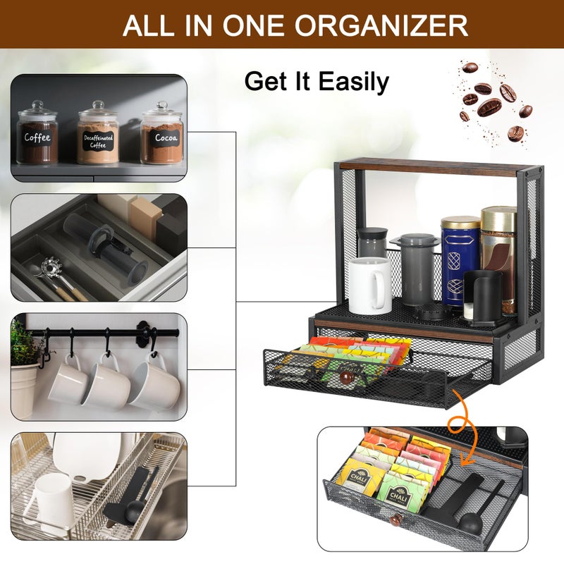 TQVAI Coffee Bar Organizer, Countertop Coffee Station with Drip Mat and Sliding Pods Drawer, Coffee Press Stand Compatible for Original/Go/XL Model Flow Control Filter Cap Scoop, Black/Antique - Image 5
