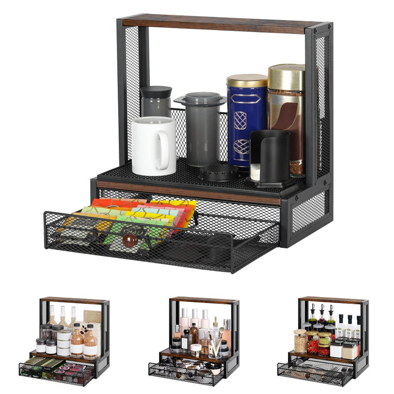 TQVAI Coffee Bar Organizer, Countertop Coffee Station with Drip Mat and Sliding Pods Drawer, Coffee Press Stand Compatible for Original/Go/XL Model Flow Control Filter Cap Scoop, Black/Antique - Image 1