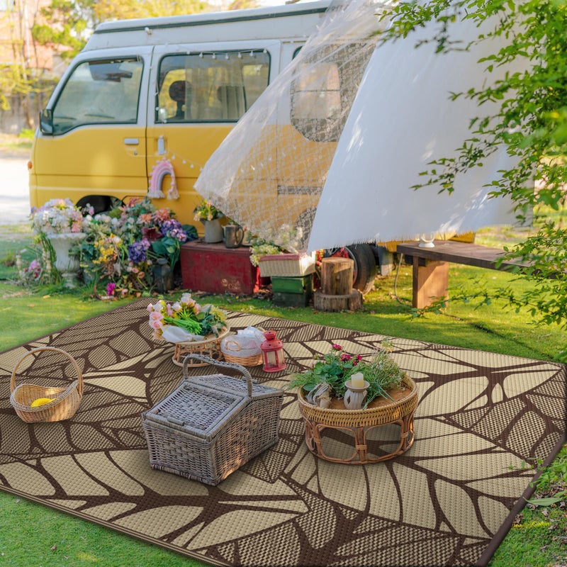 GENIMO Outdoor Rug 6' x 9' Waterproof for Patio Clearance, Reversible Plastic Straw Camping Carpet, Lightweight Mat for Rv, Camper, Deck, Porch, Picnic, Balcony, Beach, F.Coffee & Beige - Image 3