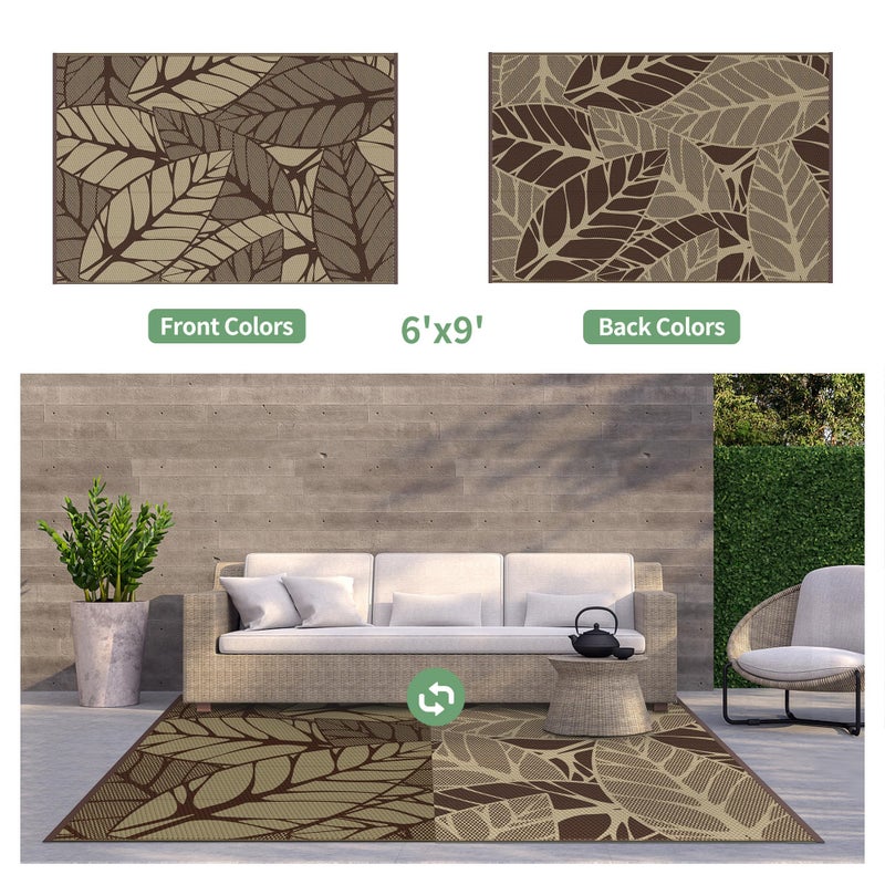 GENIMO Outdoor Rug 6' x 9' Waterproof for Patio Clearance, Reversible Plastic Straw Camping Carpet, Lightweight Mat for Rv, Camper, Deck, Porch, Picnic, Balcony, Beach, F.Coffee & Beige - Image 2
