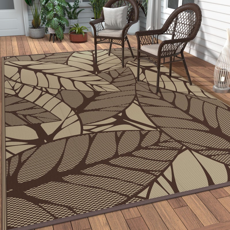 GENIMO Outdoor Rug 6' x 9' Waterproof for Patio Clearance, Reversible Plastic Straw Camping Carpet, Lightweight Mat for Rv, Camper, Deck, Porch, Picnic, Balcony, Beach, F.Coffee & Beige - Image 1