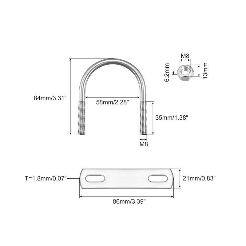 Bolt，U Clamp Pipe clamp,Round U-Bolts, 2 Sets M8 304 Stainless Steel U Clamp Bolt with Nuts and Plates, for Boat Trailer(M8*60 * 87) - Image 2