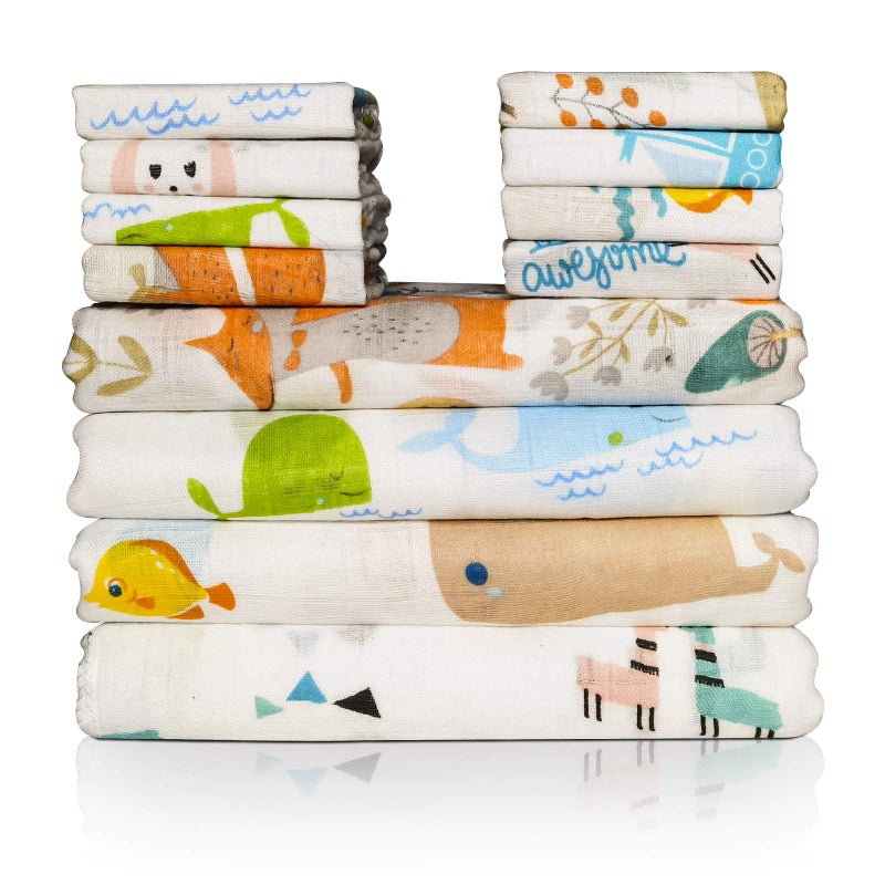 Omilion Baby Swaddle Blanket and Washcloths Set12 Pieces Muslin Cotton Baby Swaddle Wrap and Wash Cloths Unisex for Boys and Girls 4 Pack for 40 x 40 Inches and 8 Pack for 8 x 10 Inches